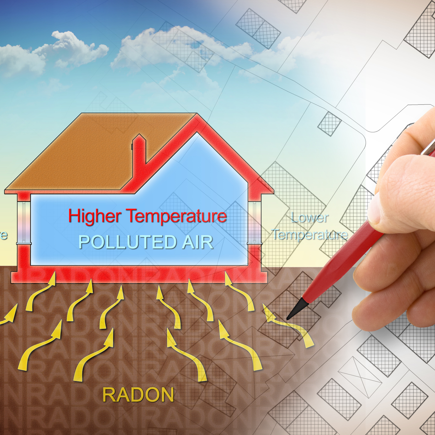 Hand drawing about how radon gas enters into our homes due to the temperature difference – concept illustration with a cross section of a building and a urban plan